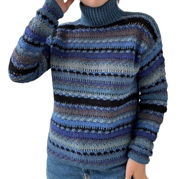Hand Knit Crochet Blue 100% Llama Hand Made Mock Neck Hippie Sweater Sz M - Picture 4 of 8